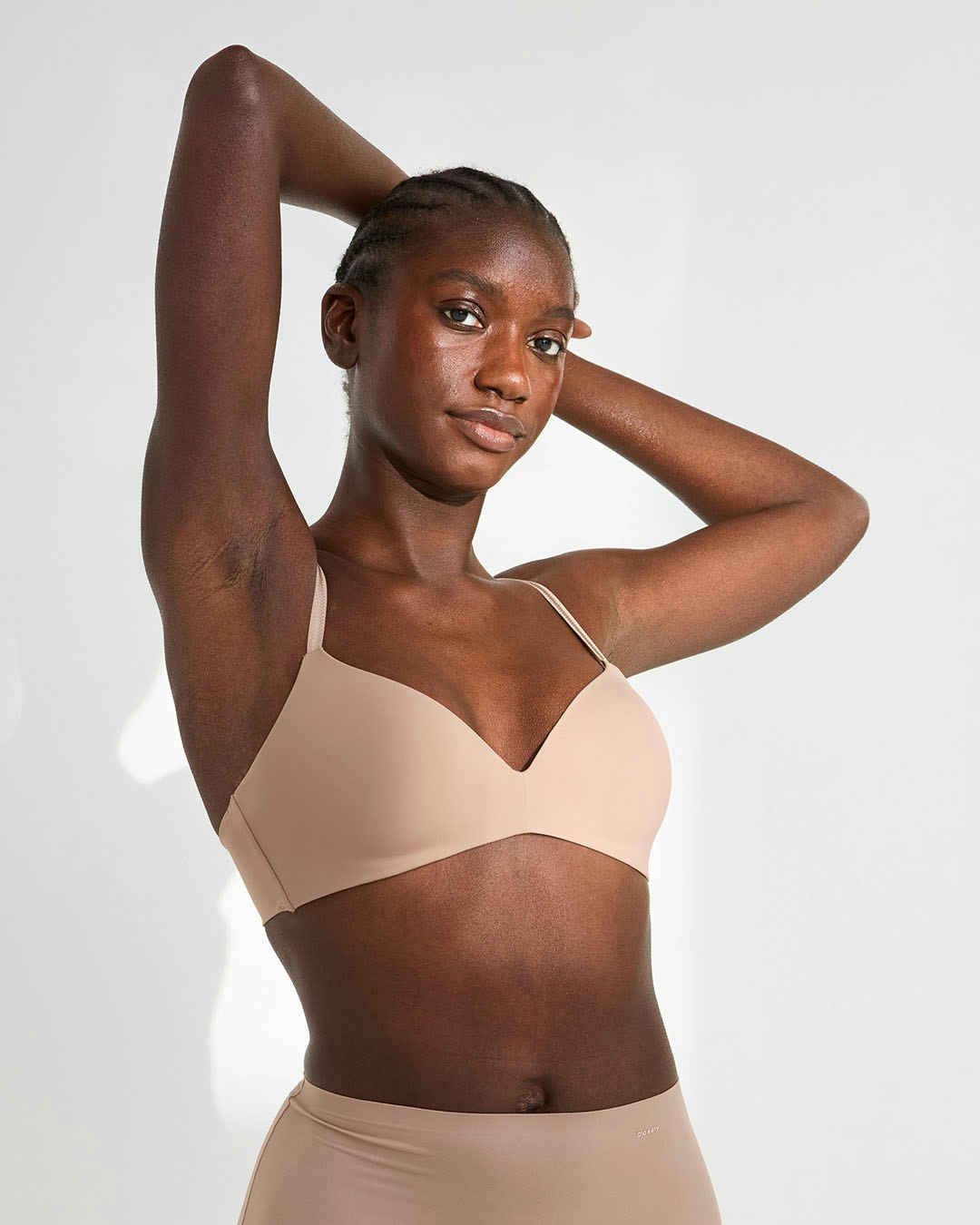Woman wearing a wire free light version t-shirt bra